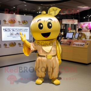 Gold Plum mascot costume character dressed with a Jumpsuit and Keychains