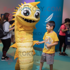 Gold Barracuda mascot costume character dressed with a Graphic Tee and Watches