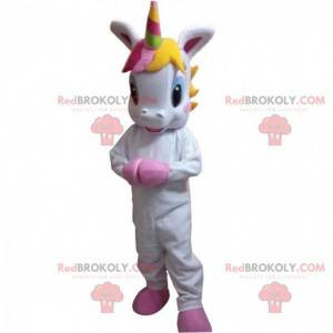 Mascot pequeño unicornio blanco con una melena colorida -