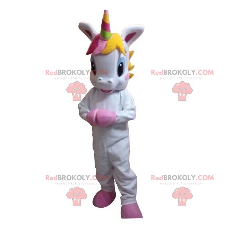 Mascot pequeño unicornio blanco con una melena colorida -