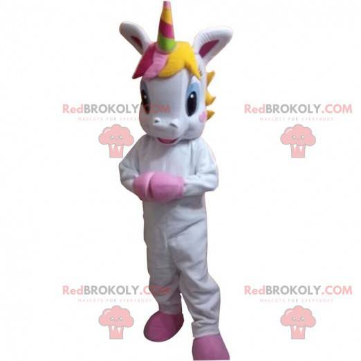 Mascot pequeño unicornio blanco con una melena colorida -