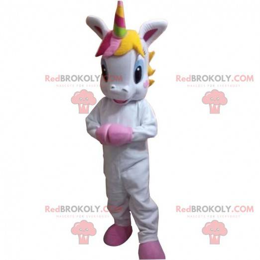 Maskottchen kleines weißes Einhorn mit einer bunten Mähne -