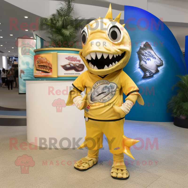 Gold Barracuda mascot costume character dressed with a Graphic Tee and Watches Gold Barracuda mascot costume character dressed with a Graphic Tee and Watches