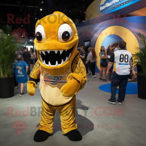 Gold Barracuda mascot costume character dressed with a Graphic Tee and Watches