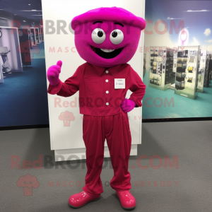 Magenta But mascot costume character dressed with a Chinos and Brooches