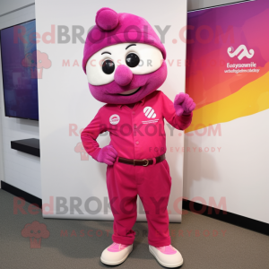 Magenta But mascot costume character dressed with a Chinos and Brooches