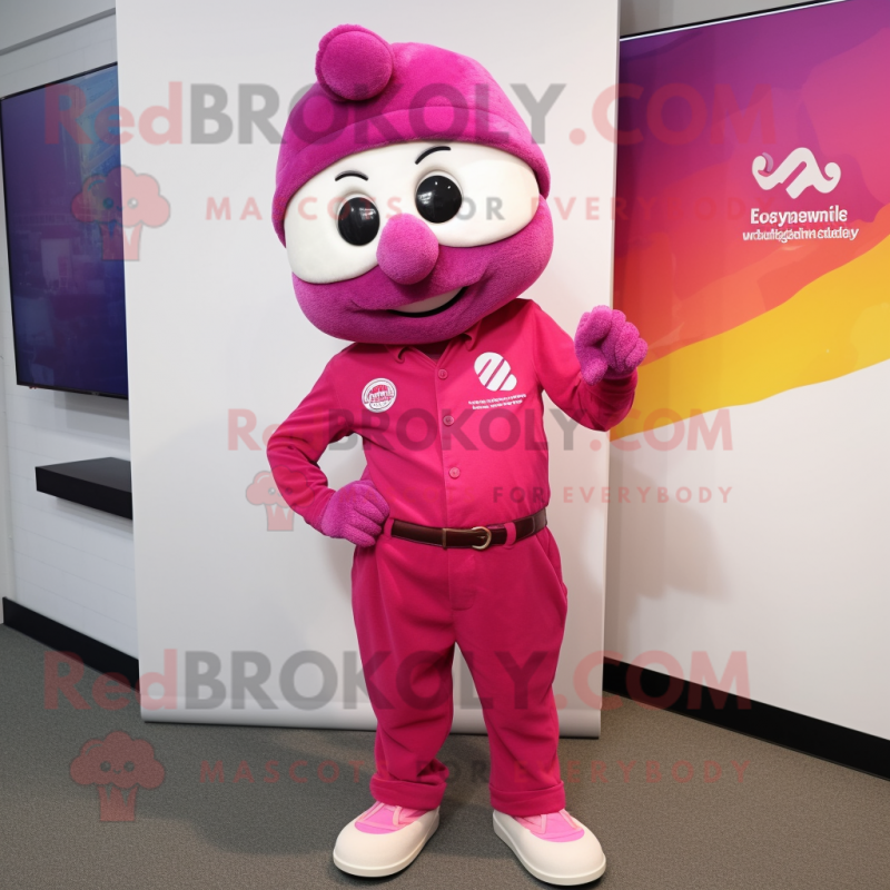 Magenta But mascot costume character dressed with a Chinos and Brooches Magenta But mascot costume character dressed with a Chinos and Brooches