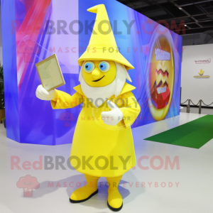 Lemon Yellow Wizard mascot costume character dressed with a Shift Dress and Clutch bags