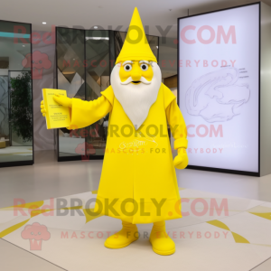 Lemon Yellow Wizard mascot costume character dressed with a Shift Dress and Clutch bags