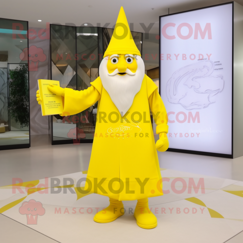 Lemon Yellow Wizard mascot costume character dressed with a Shift Dress and Clutch bags Lemon Yellow Wizard mascot costume character dressed with a Shift Dress and Clutch bags