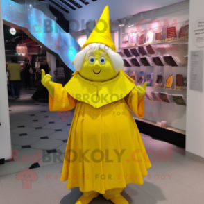 Lemon Yellow Wizard mascot costume character dressed with a Shift Dress and Clutch bags