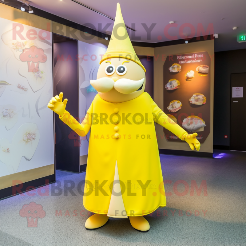 Lemon Yellow Wizard mascot costume character dressed with a Shift Dress and Clutch bags