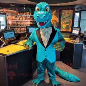 Turquoise Anaconda mascot costume character dressed with a Suit Jacket and Cufflinks