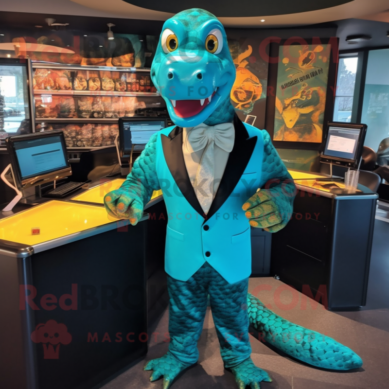 Turquoise Anaconda mascot costume character dressed with a Suit Jacket and Cufflinks Turquoise Anaconda mascot costume character dressed with a Suit Jacket and Cufflinks