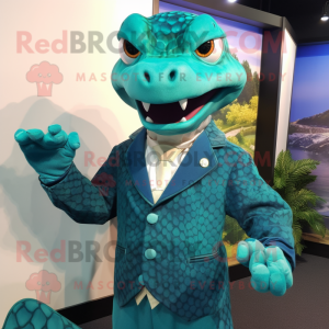 Turquoise Anaconda mascot costume character dressed with a Suit Jacket and Cufflinks