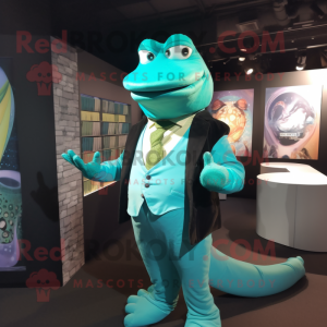 Turquoise Anaconda mascot costume character dressed with a Suit Jacket and Cufflinks