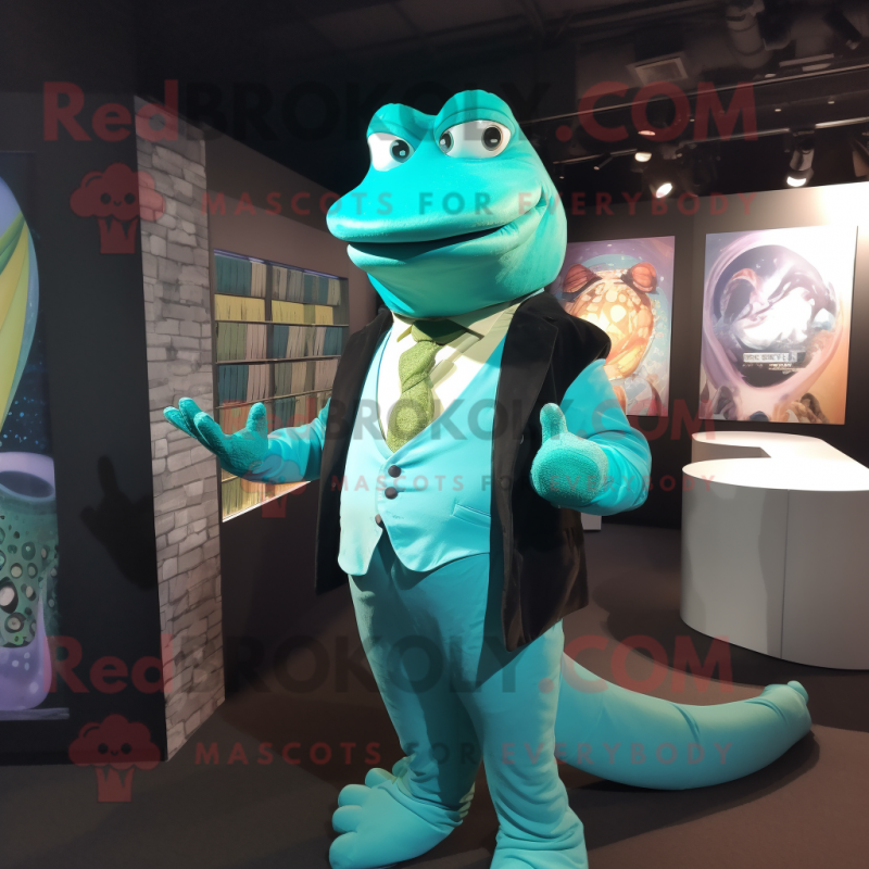 Turquoise Anaconda mascot costume character dressed with a Suit Jacket and Cufflinks Turquoise Anaconda mascot costume character dressed with a Suit Jacket and Cufflinks