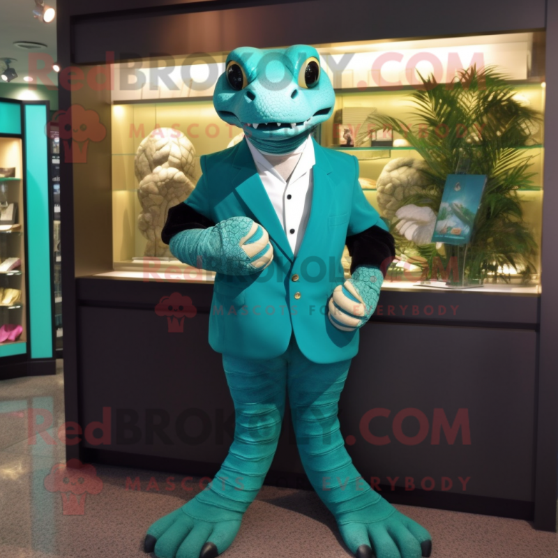 Turquoise Anaconda mascot costume character dressed with a Suit Jacket and Cufflinks