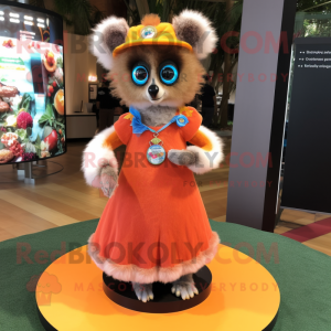 Peach Lemur mascot costume character dressed with a Circle Skirt and Shawl pins