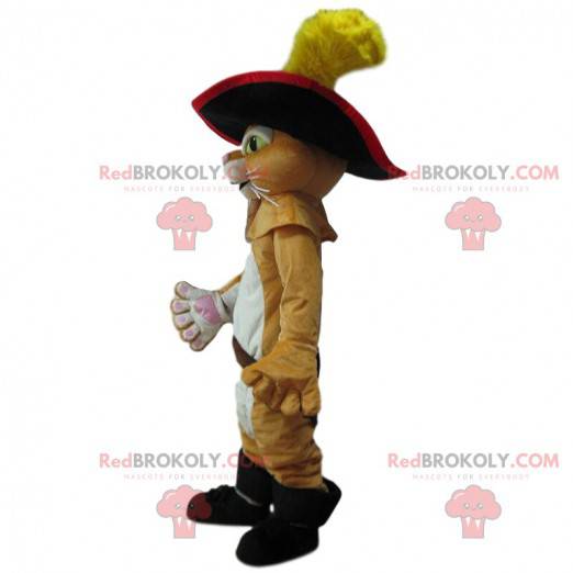 Puss in boots mascotte, beroemde sluwe kat, ridderkostuum -