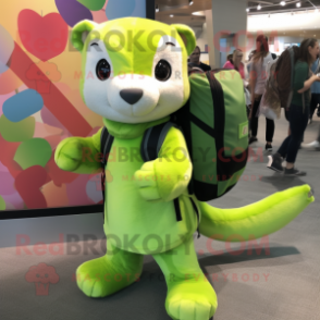 Lime Green Ferret mascot costume character dressed with a Pleated Skirt and Backpacks