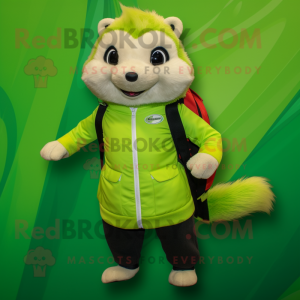 Lime Green Ferret mascot costume character dressed with a Pleated Skirt and Backpacks