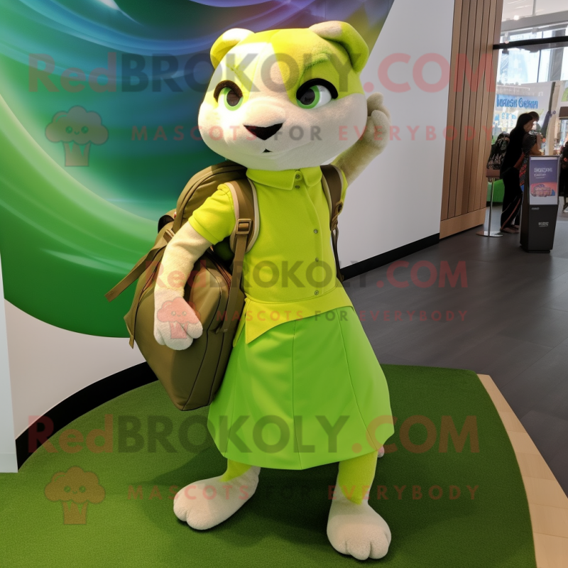 Lime Green Ferret mascot costume character dressed with a Pleated Skirt and Backpacks