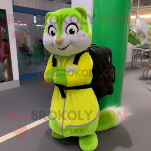 Lime Green Ferret mascot costume character dressed with a Pleated Skirt and Backpacks