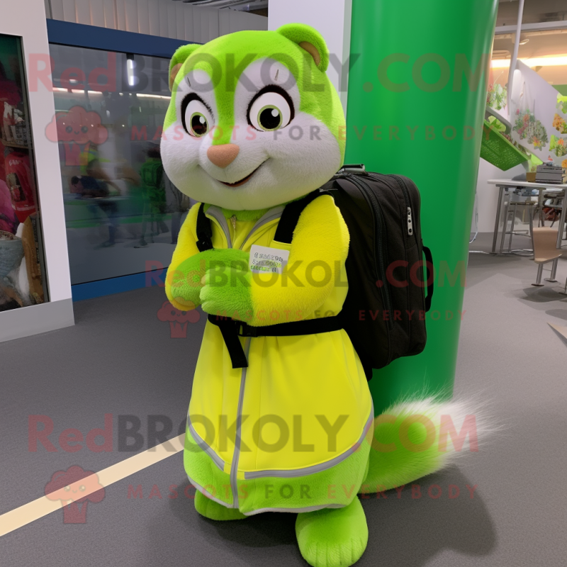 Lime Green Ferret mascot costume character dressed with a Pleated Skirt and Backpacks Lime Green Ferret mascot costume character dressed with a Pleated Skirt and Backpacks