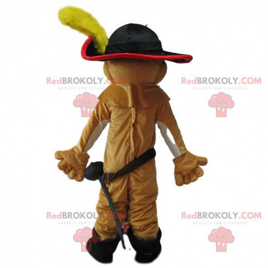 Puss in boots mascotte, beroemde sluwe kat, ridderkostuum -