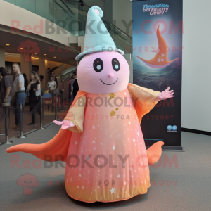 Peach Narwhal mascot costume character dressed with a Maxi Dress and Hat pins
