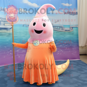 Peach Narwhal mascot costume character dressed with a Maxi Dress and Hat pins