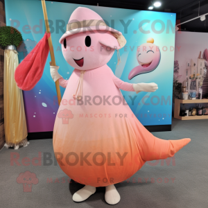 Peach Narwhal mascot costume character dressed with a Maxi Dress and Hat pins