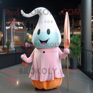 Peach Narwhal mascot costume character dressed with a Maxi Dress and Hat pins