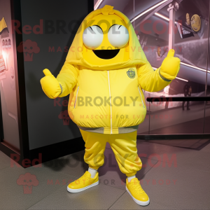 Lemon Yellow Ray mascot costume character dressed with a Bomber Jacket and Foot pads