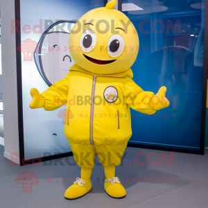 Lemon Yellow Ray mascot costume character dressed with a Bomber Jacket and Foot pads