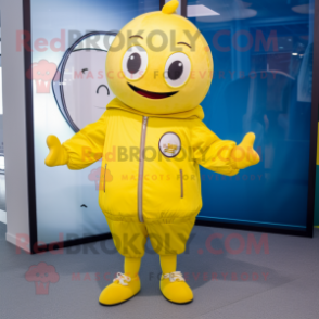 Lemon Yellow Ray mascot costume character dressed with a Bomber Jacket and Foot pads