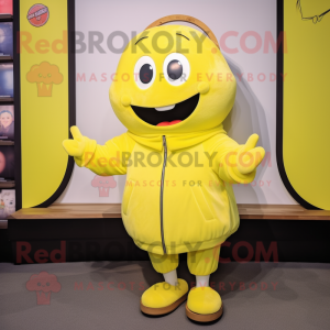 Lemon Yellow Ray mascot costume character dressed with a Bomber Jacket and Foot pads