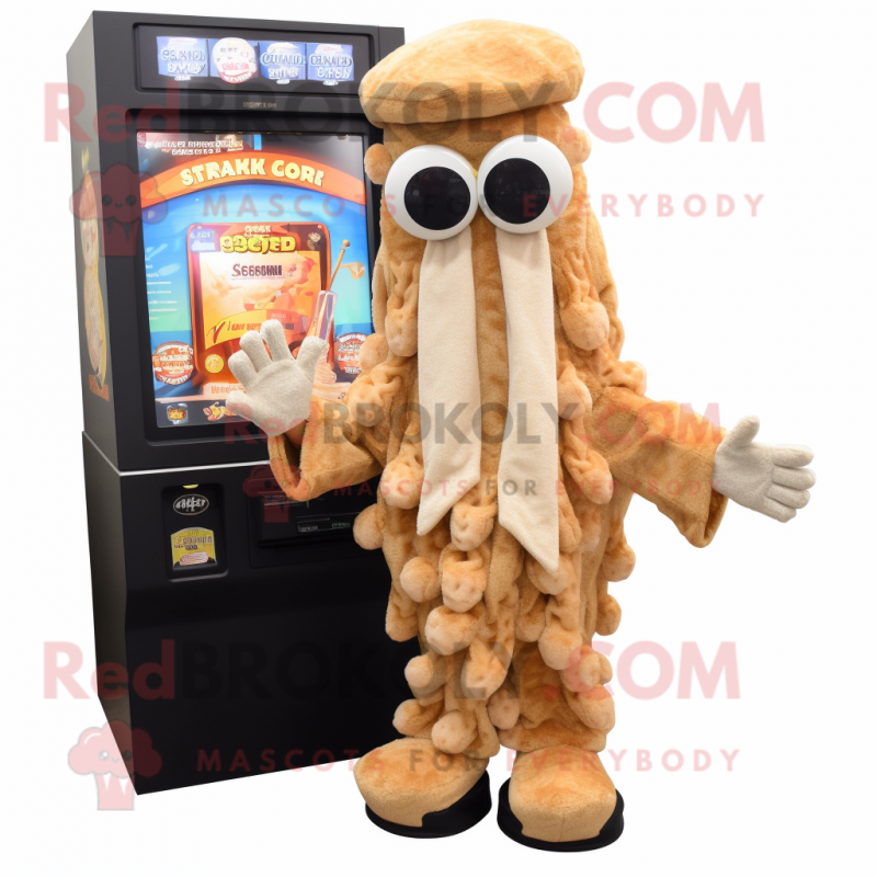 Tan Fried Calamari mascot costume character dressed with a Cardigan and Mittens