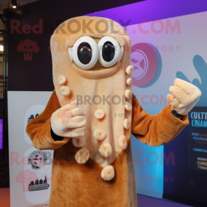 Tan Fried Calamari mascot costume character dressed with a Cardigan and Mittens