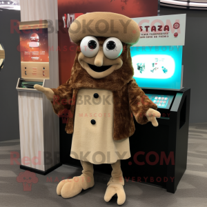 Tan Fried Calamari mascot costume character dressed with a Cardigan and Mittens