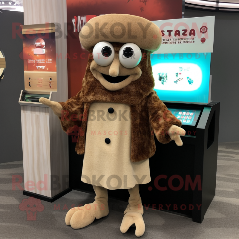 Tan Fried Calamari mascot costume character dressed with a Cardigan and Mittens Tan Fried Calamari mascot costume character dressed with a Cardigan and Mittens