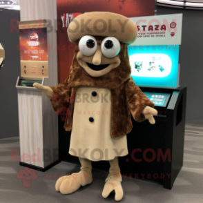 Tan Fried Calamari mascot costume character dressed with a Cardigan and Mittens