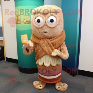 Tan Fried Calamari mascot costume character dressed with a Cardigan and Mittens