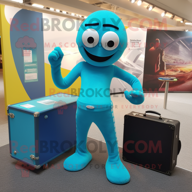 Turquoise Acrobat mascot costume character dressed with a Trousers and Briefcases