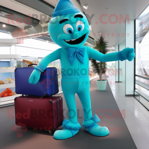 Turquoise Acrobat mascot costume character dressed with a Trousers and Briefcases