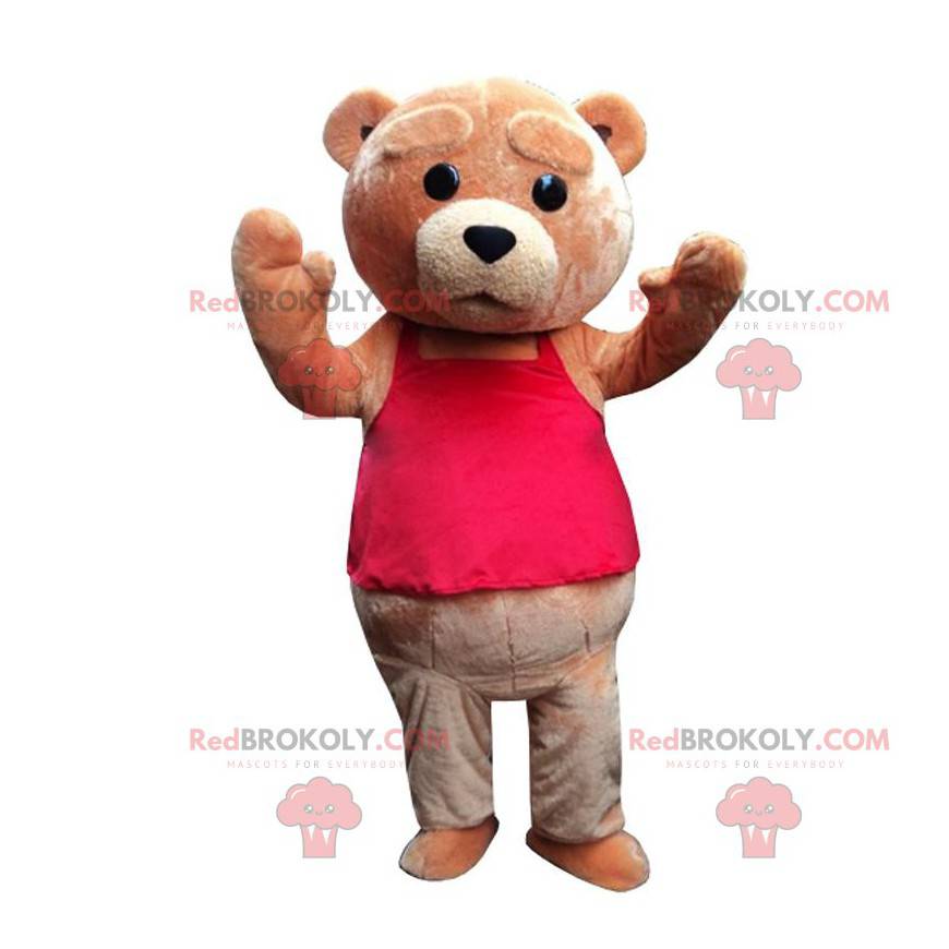 Maskotka niedźwiedź brunatny patrząc smutny, smutny kostium