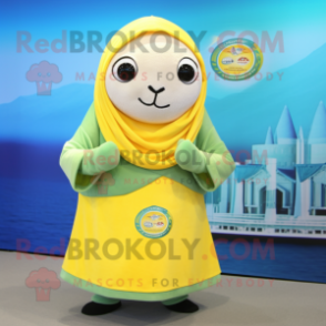 Lemon Yellow Seal mascot costume character dressed with a Capri Pants and Shawl pins