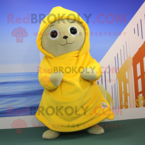 Lemon Yellow Seal mascot costume character dressed with a Capri Pants and Shawl pins