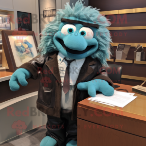 Teal Attorney mascot costume character dressed with a Leather Jacket and Hairpins